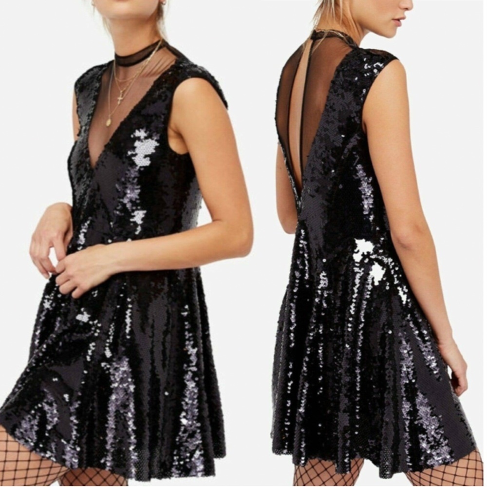 Free People Dance Til Dawn Black Sequined Mini Dress Size Small NWT (runs big) - Picture 2 of 10
